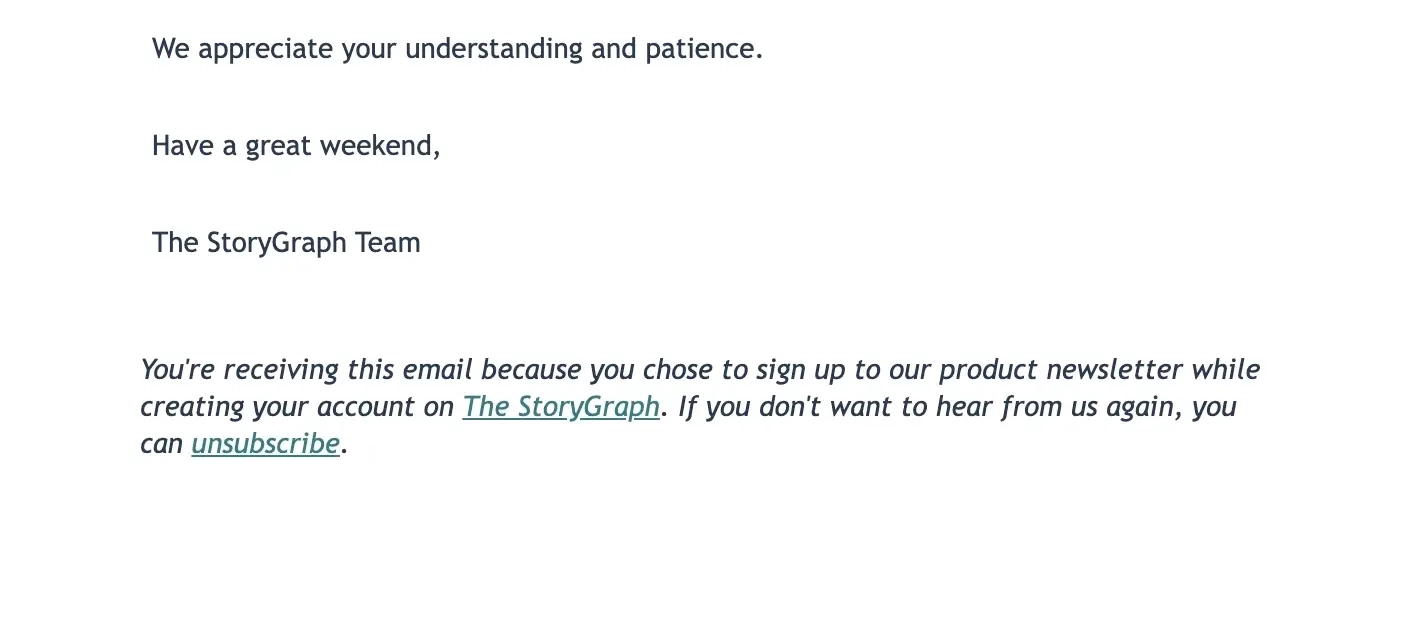 SaaS Email Sign-offs and Signatures: Screenshot of Story Graph’s scheduled maintenance email