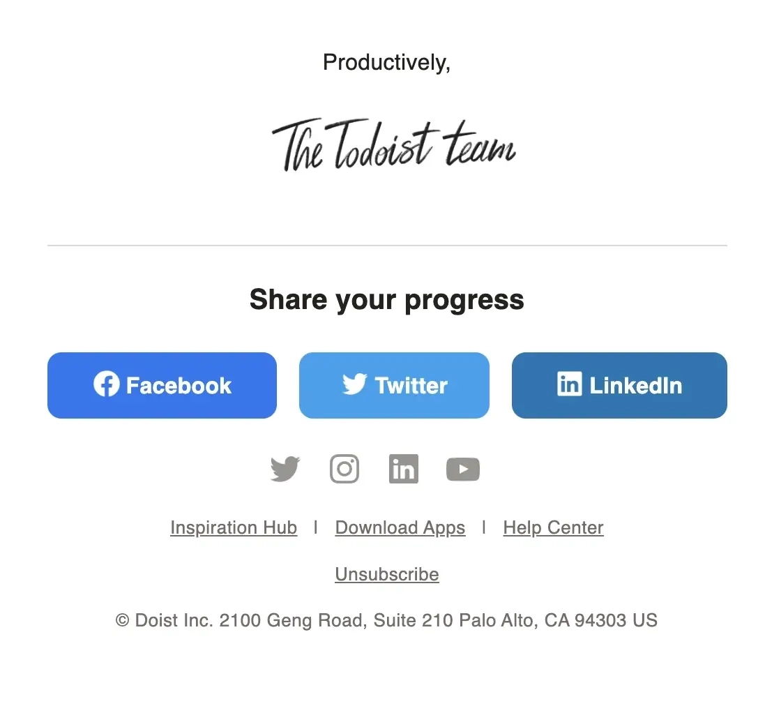 SaaS Email Sign-offs and Signatures: Screenshot of Todoist’s milestone email