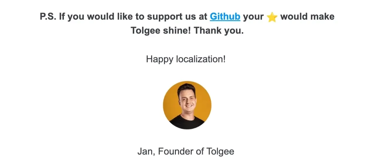 SaaS Email Sign-offs and Signatures: Screenshot of Tolgee’s feedback email