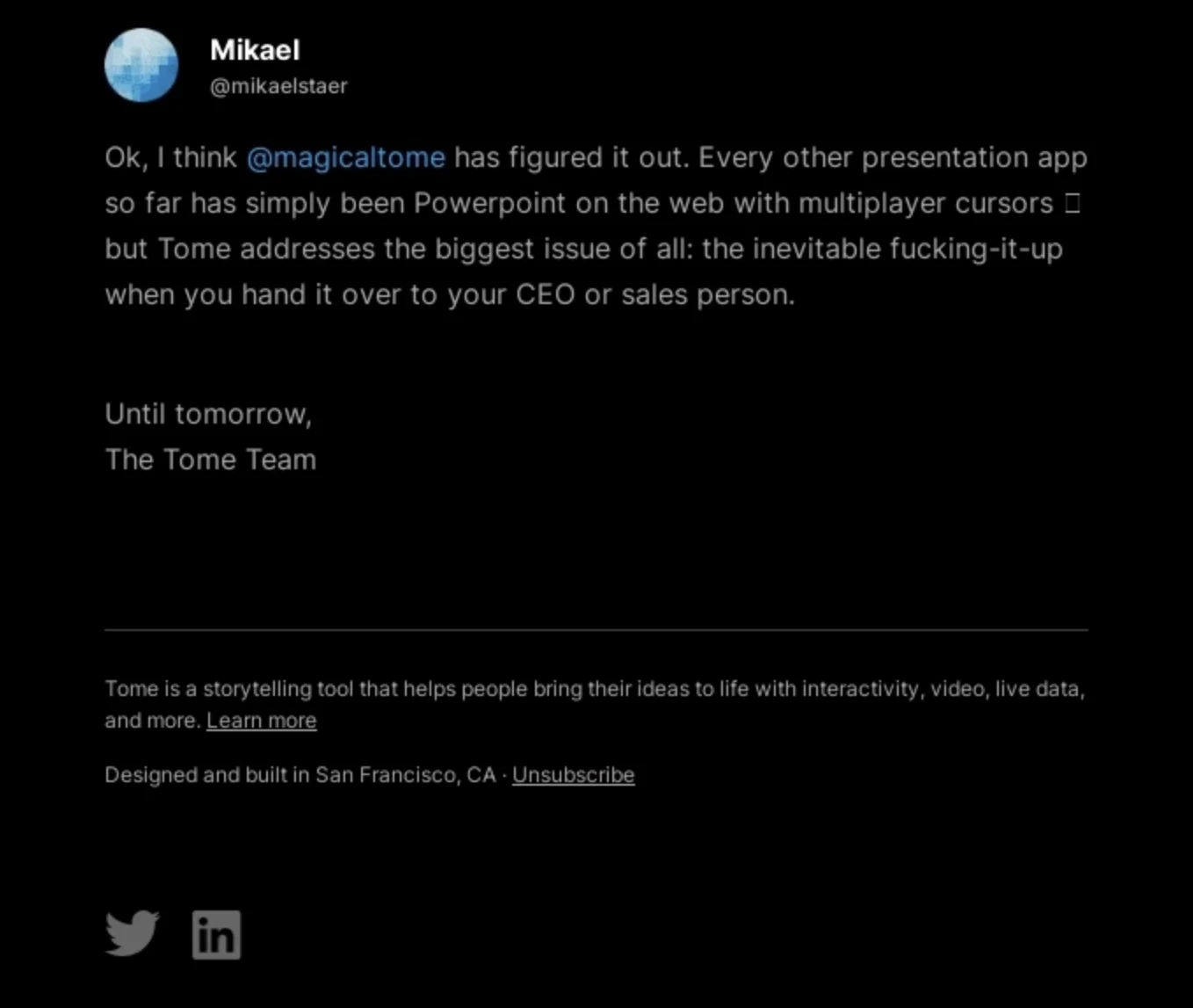 SaaS Email Sign-offs and Signatures: Screenshot of Tome’s product launch email