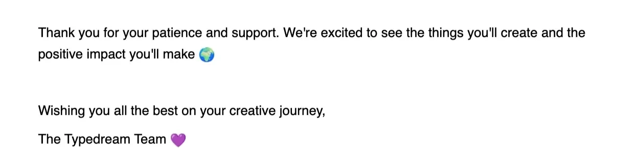 SaaS Email Sign-offs and Signatures: Screenshot of Typedream’s rebranding announcement email