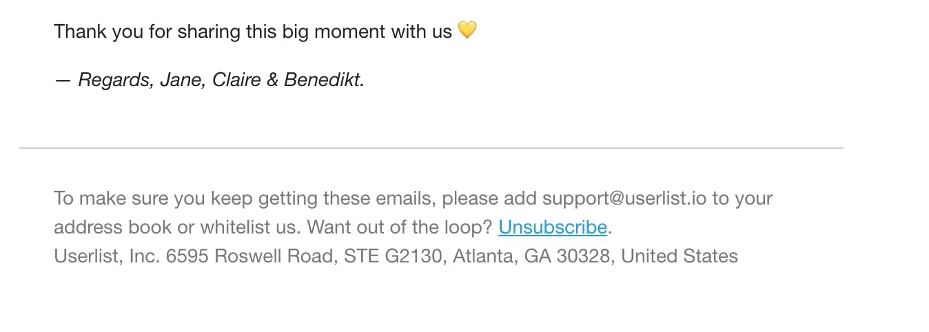 SaaS Email Sign-offs and Signatures: Screenshot of Userlist’s product launch email