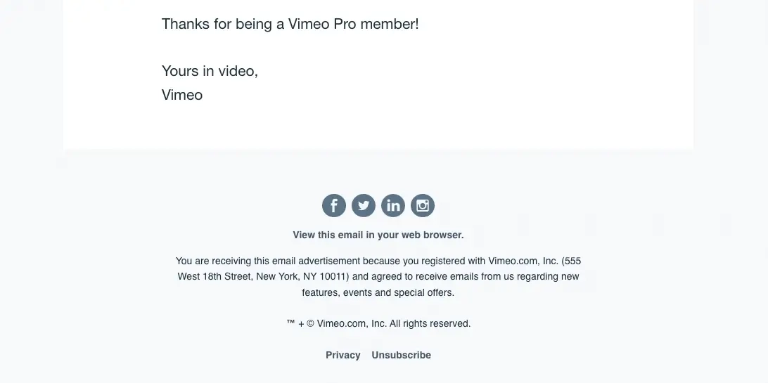 SaaS Email Sign-offs and Signatures: Screenshot of Vimeo’s renewal email