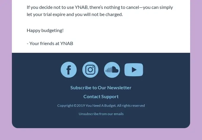 SaaS Email Sign-offs and Signatures: Screenshot of YNAB’s trial expiration email