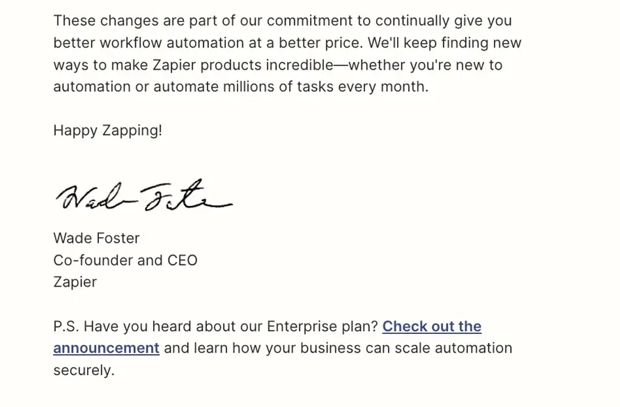 SaaS Email Sign-offs and Signatures: Screenshot of Zapier’s pricing update email