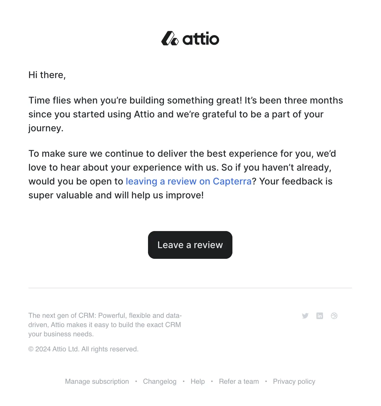 Feedback Email Examples: Screenshot of Attio’s feedback email

