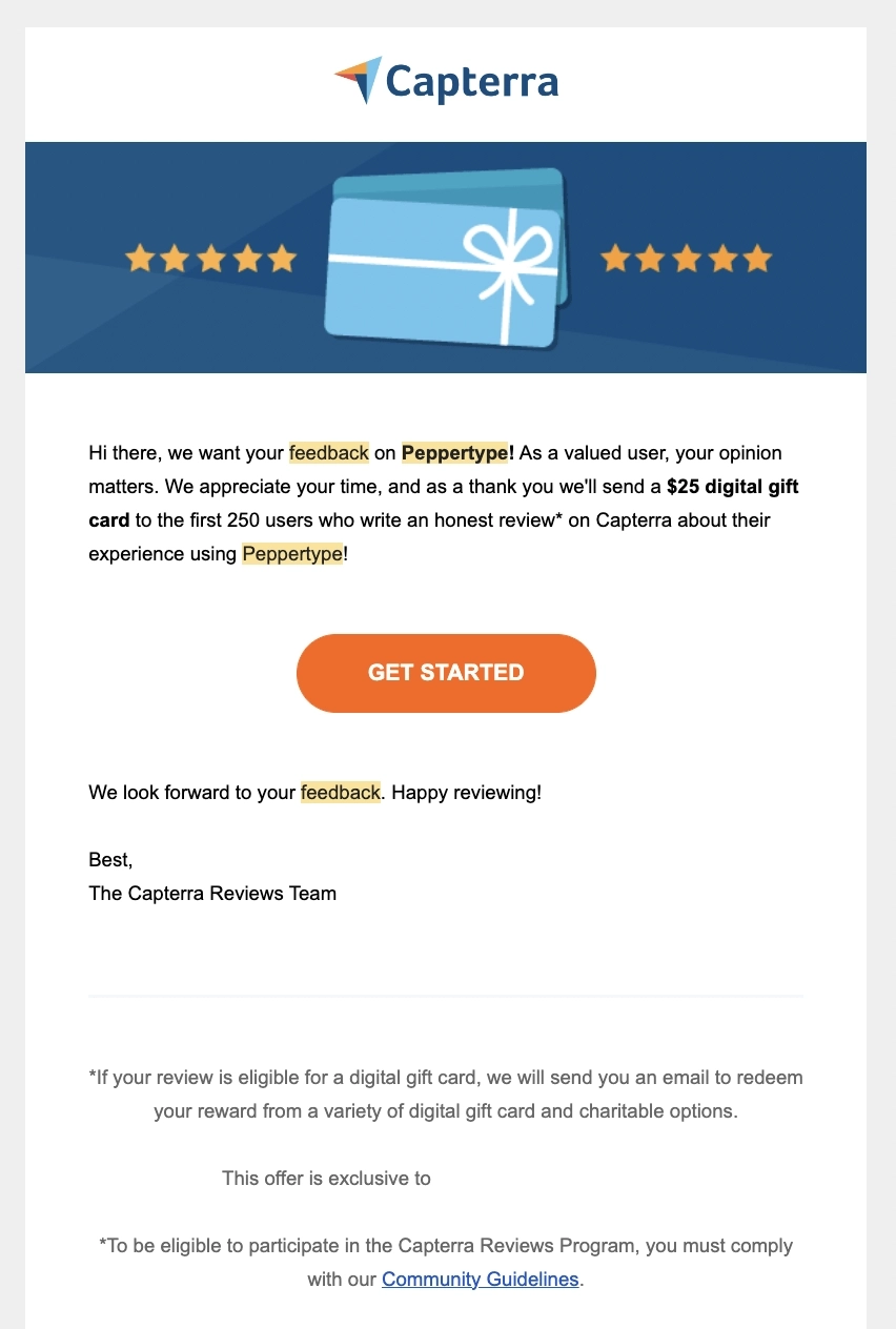 Feedback Email Examples: Screenshot of Peppertype's email asking for customer feedback