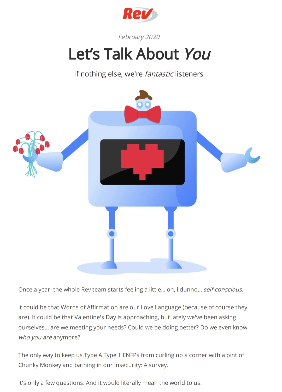 Feedback Email Examples: Screenshot of Rev's email asking for customer feedback