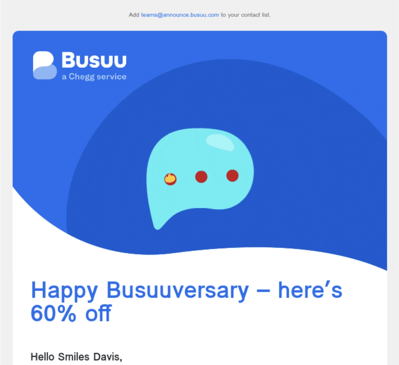 SaaS Milestone Emails: Screenshot of Busuu's anniversary email