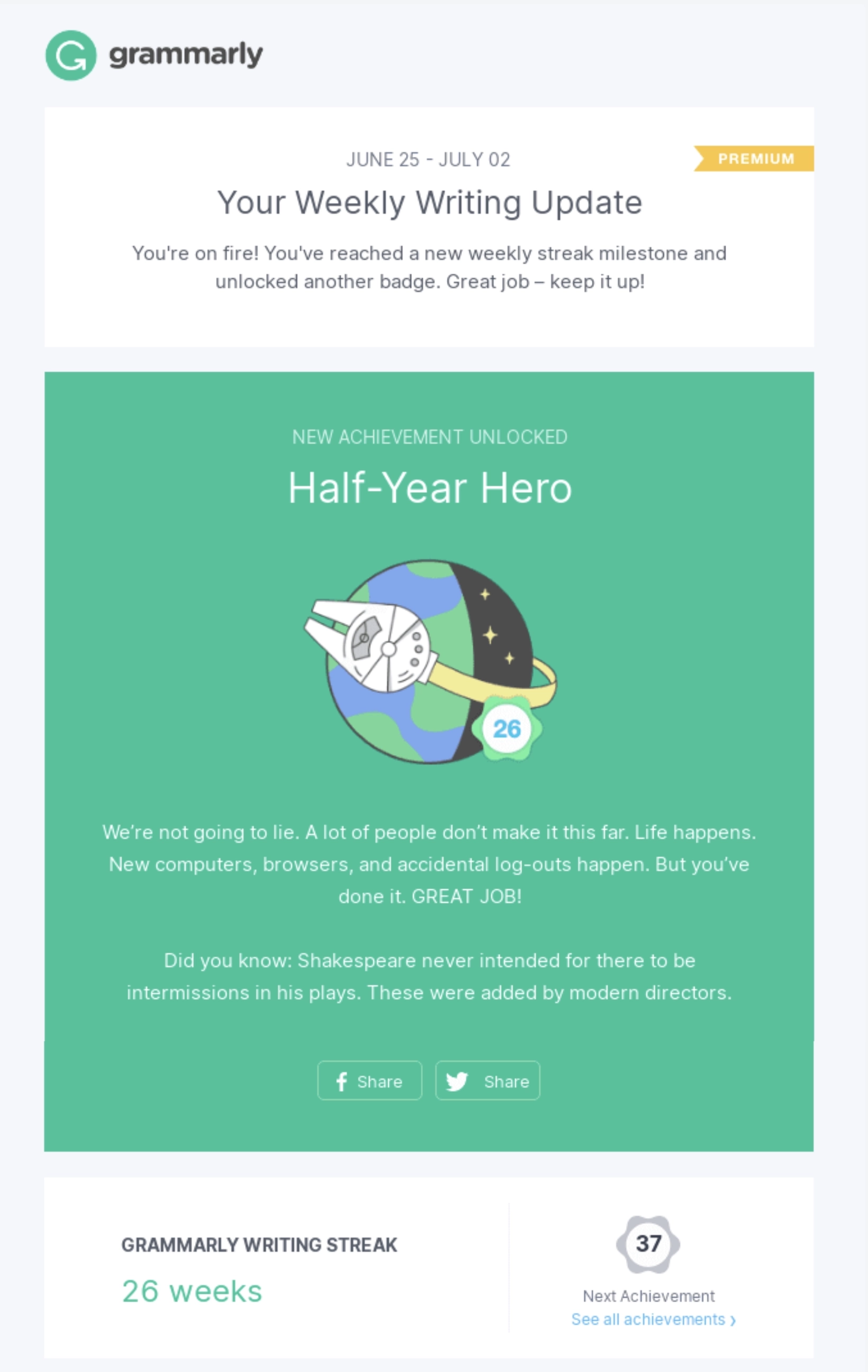 SaaS Milestone Emails: Screenshot of Grammarly's weekly progress update email with an anniversary badge
