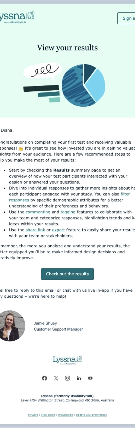SaaS Milestone Emails: Screenshot of Lyssna's milestone email
