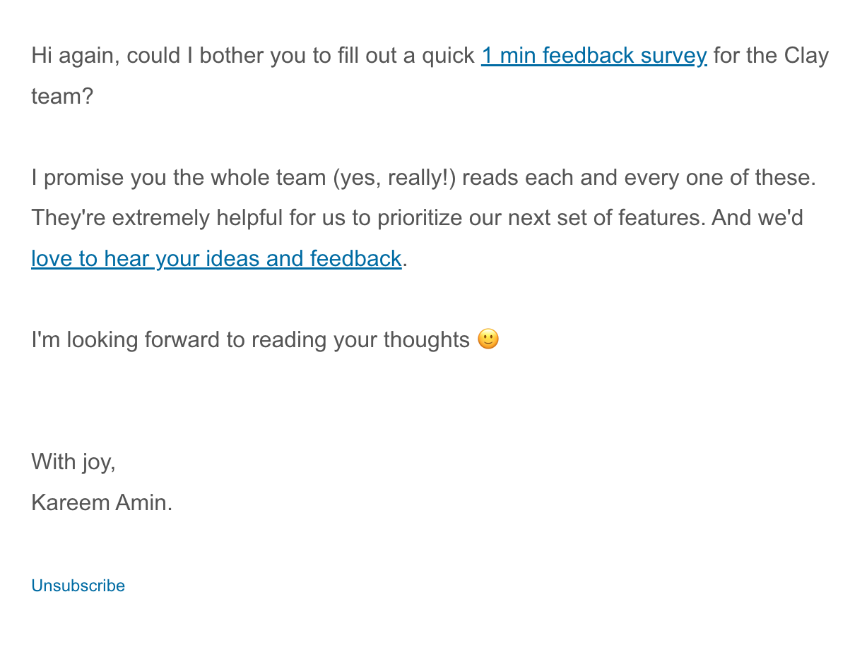 SaaS Plain Text Emails: Screenshot of Clay's plain text email