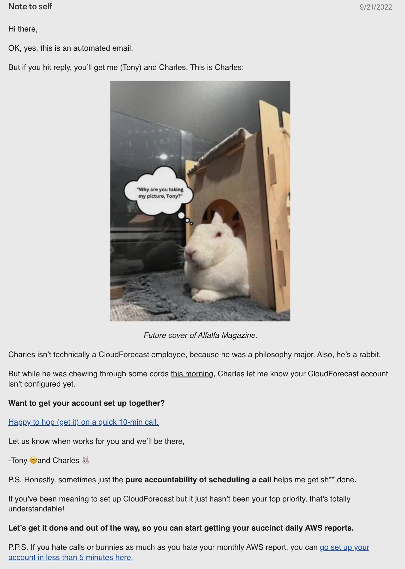 SaaS Plain Text Emails: Screenshot of CloudForecast's plain text email