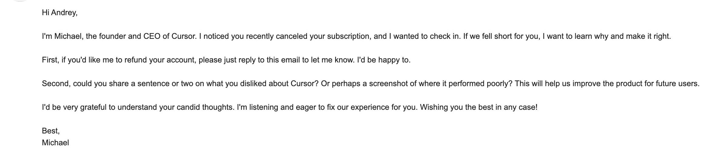 SaaS Cancellation Emails: Screenshot of Cursor's cancellation email