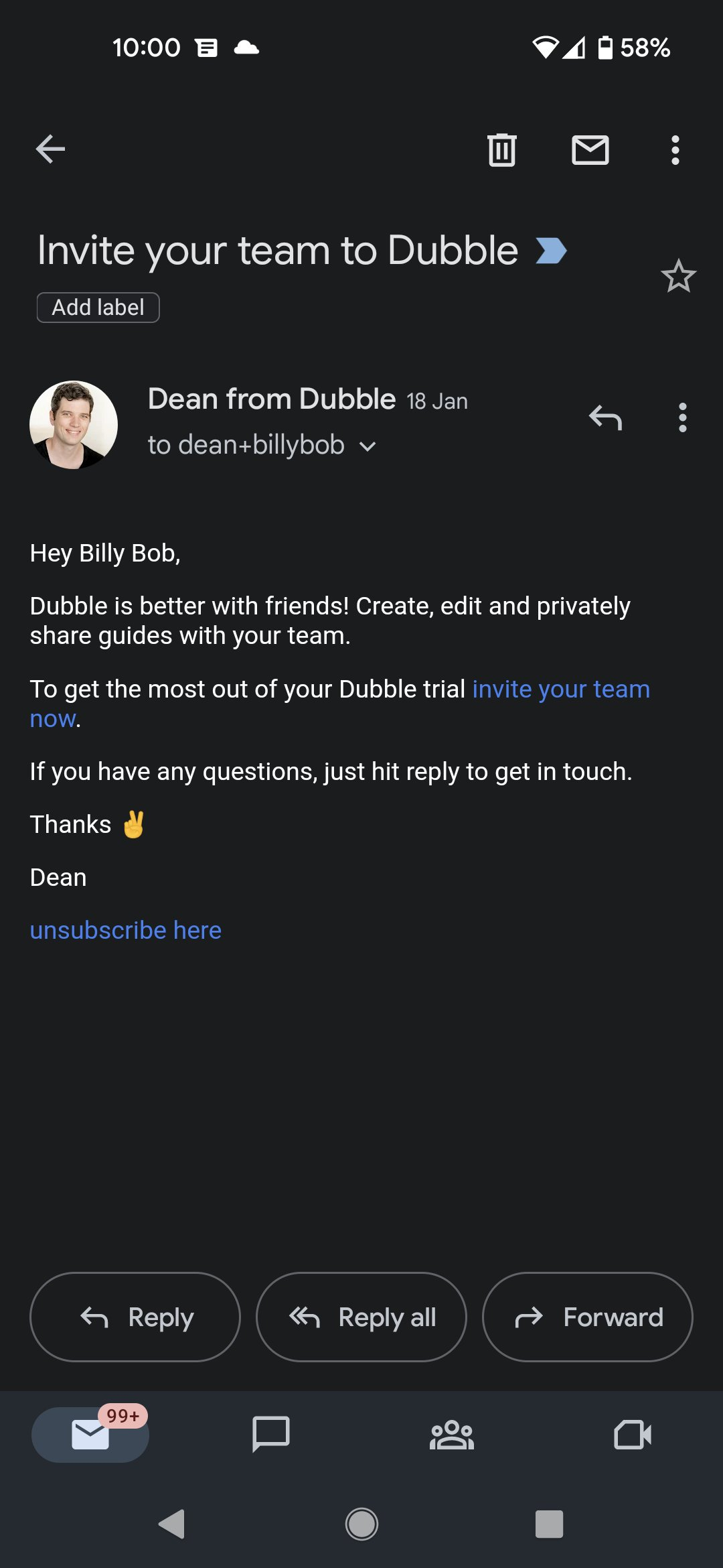 SaaS Plain Text Emails: Screenshot of Dubble's plain text email
