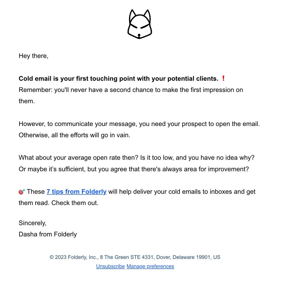SaaS Plain Text Emails: Screenshot of Folderly's plain text email