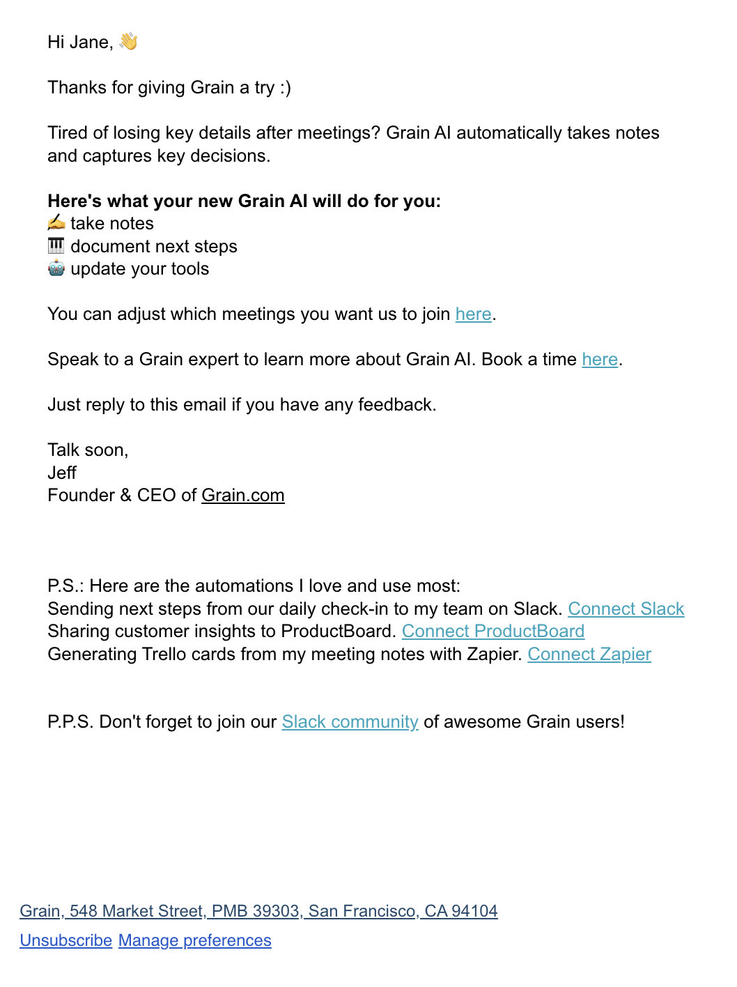 SaaS Welcome Email: Screenshot of Grain's welcome email