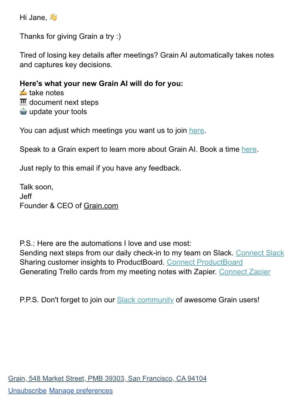 SaaS Welcome Email: Screenshot of Grain's welcome email