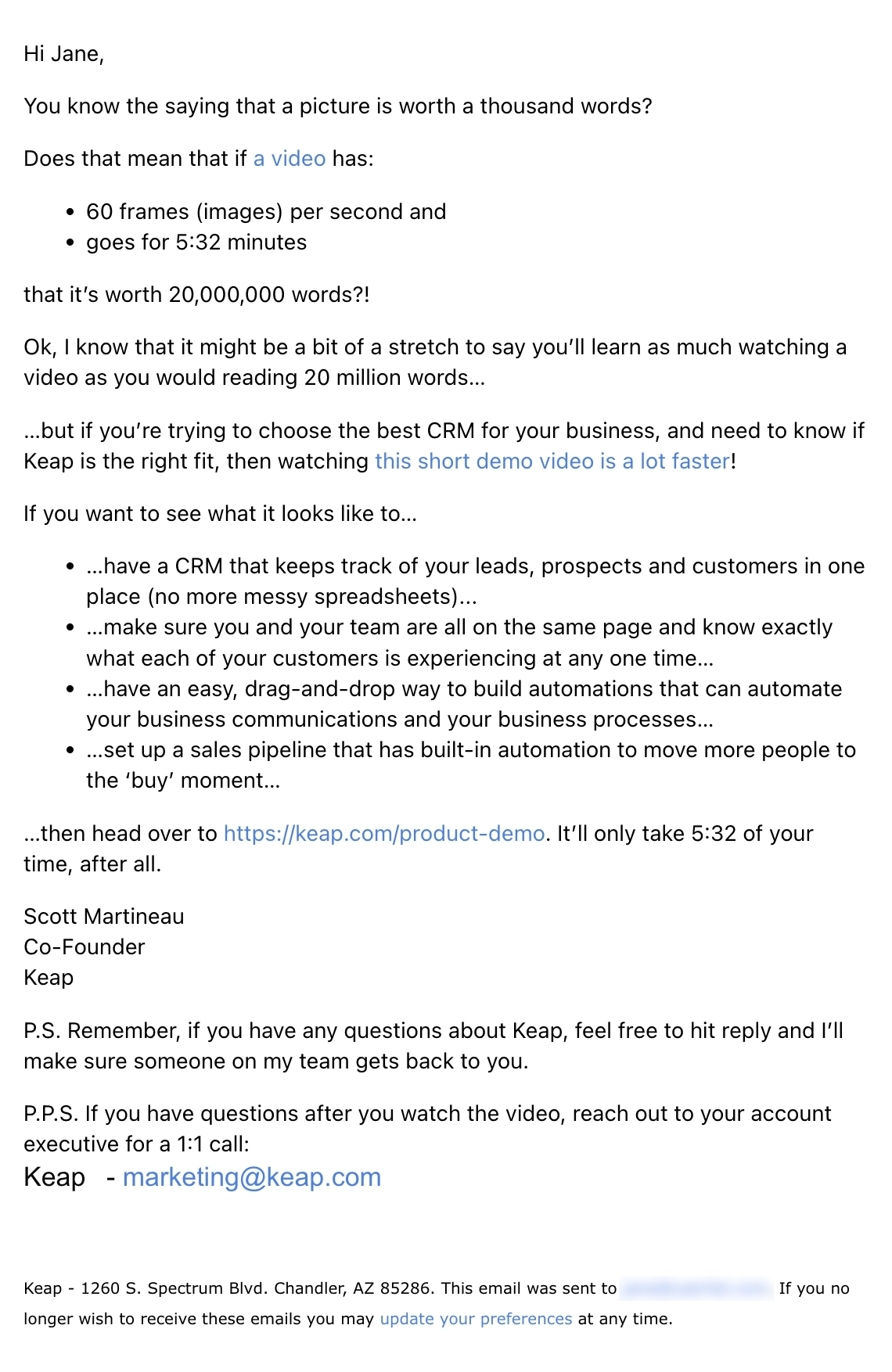 SaaS CTA Emails: Screenshot of Keap's CTA email to watch product demo video