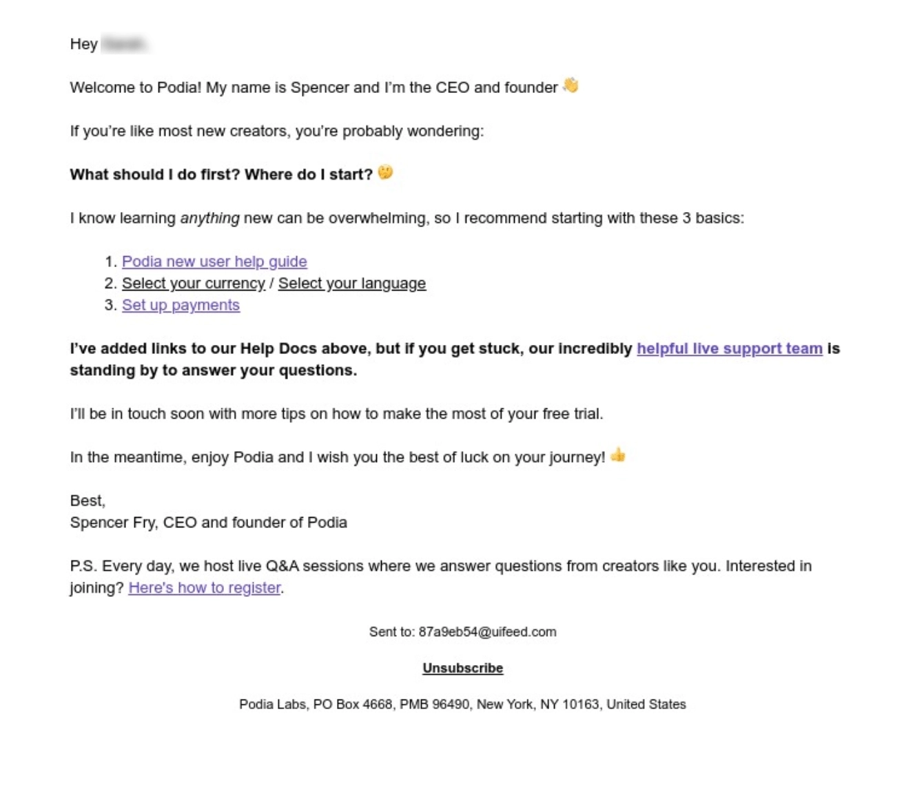 SaaS Plain Text Emails: Screenshot of Podia's plain text email