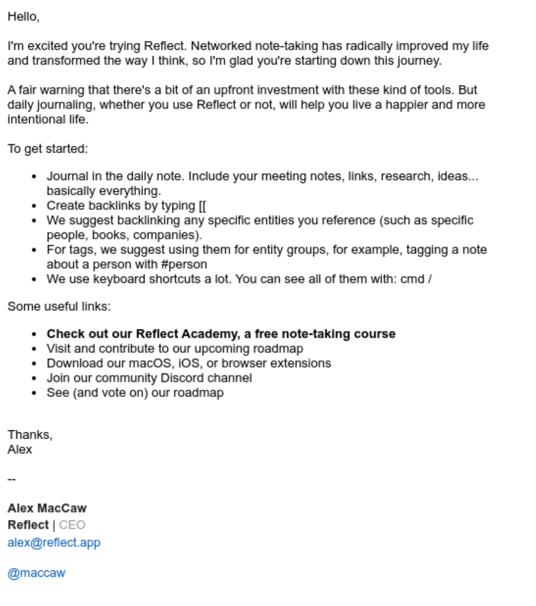 SaaS Plain Text Emails: Screenshot of Reflect's plain text email