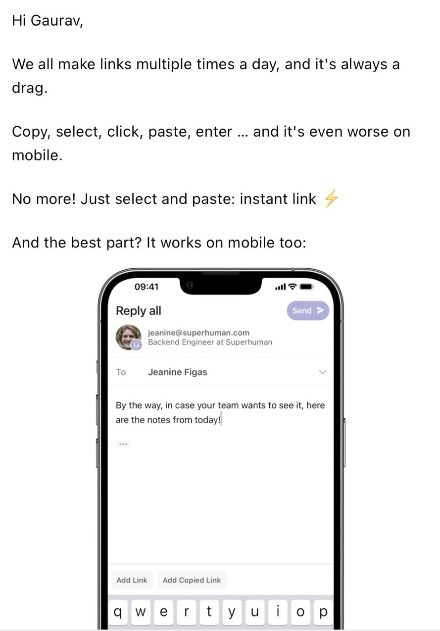 SaaS Plain Text Emails: Screenshot of Superhuman's plain text email