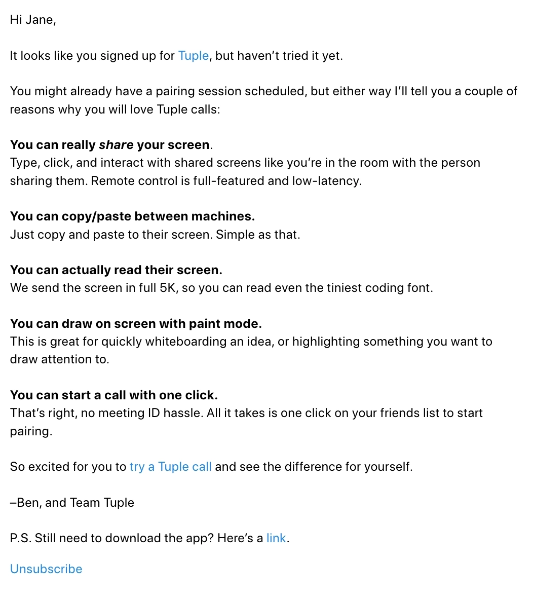 SaaS Plain Text Emails: Screenshot of Tuple's plain text email