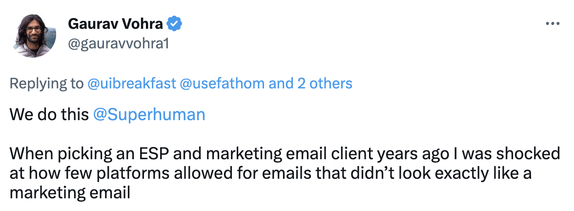 SaaS Plain Text Emails: Screenshot of Gaurav Vohra's tweet about some email platforms not supporting plain text emails