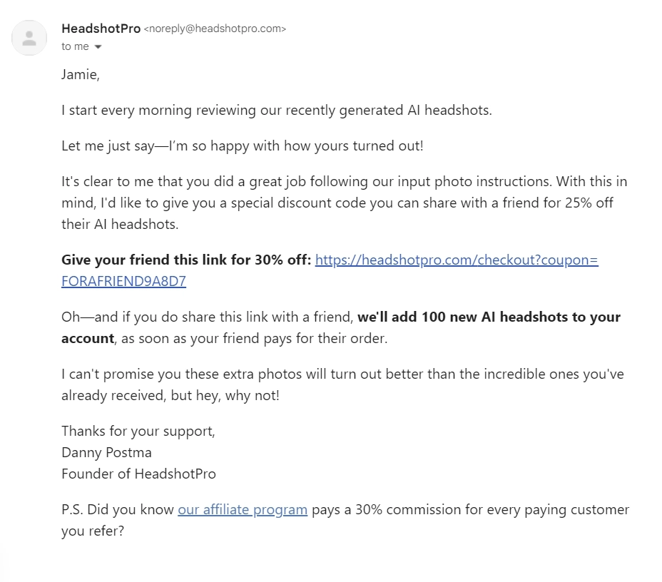 SaaS Referral Emails: Screenshot of HeadshotPro's referral email