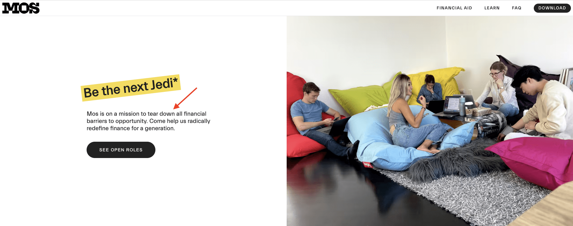 SaaS Relationship Marketing: Screenshot of Mos' webpage