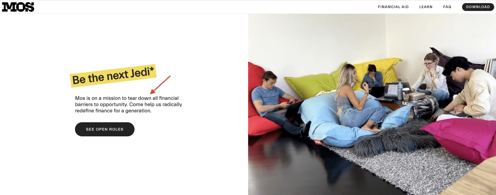 SaaS Relationship Marketing: Screenshot of Mos' webpage