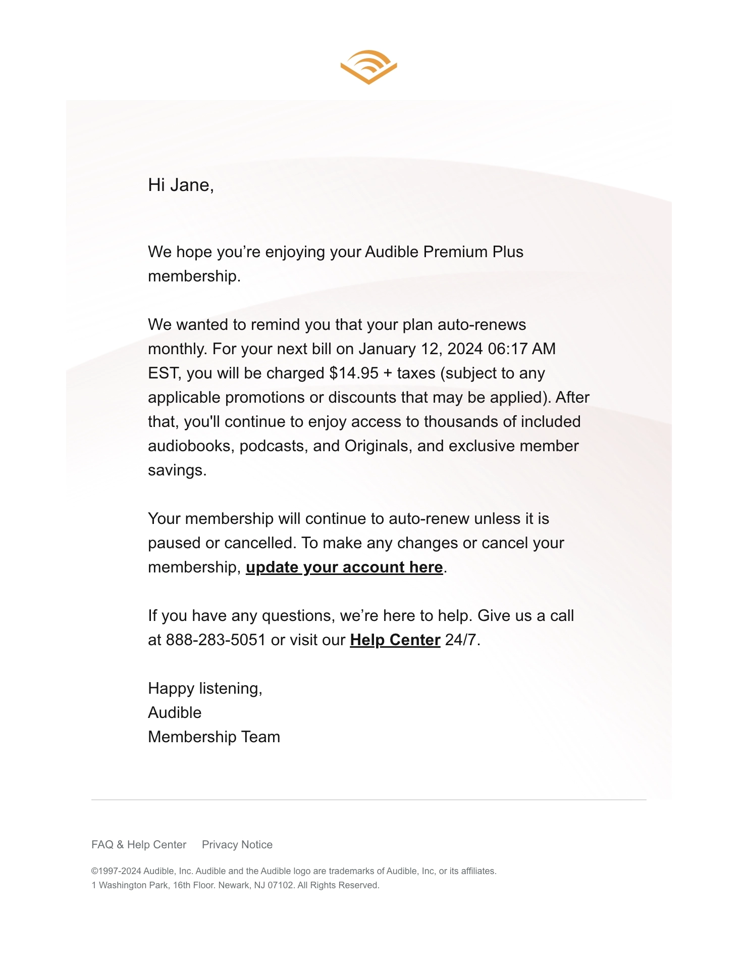 SaaS Renewal Email Examples: Audible's renewal email