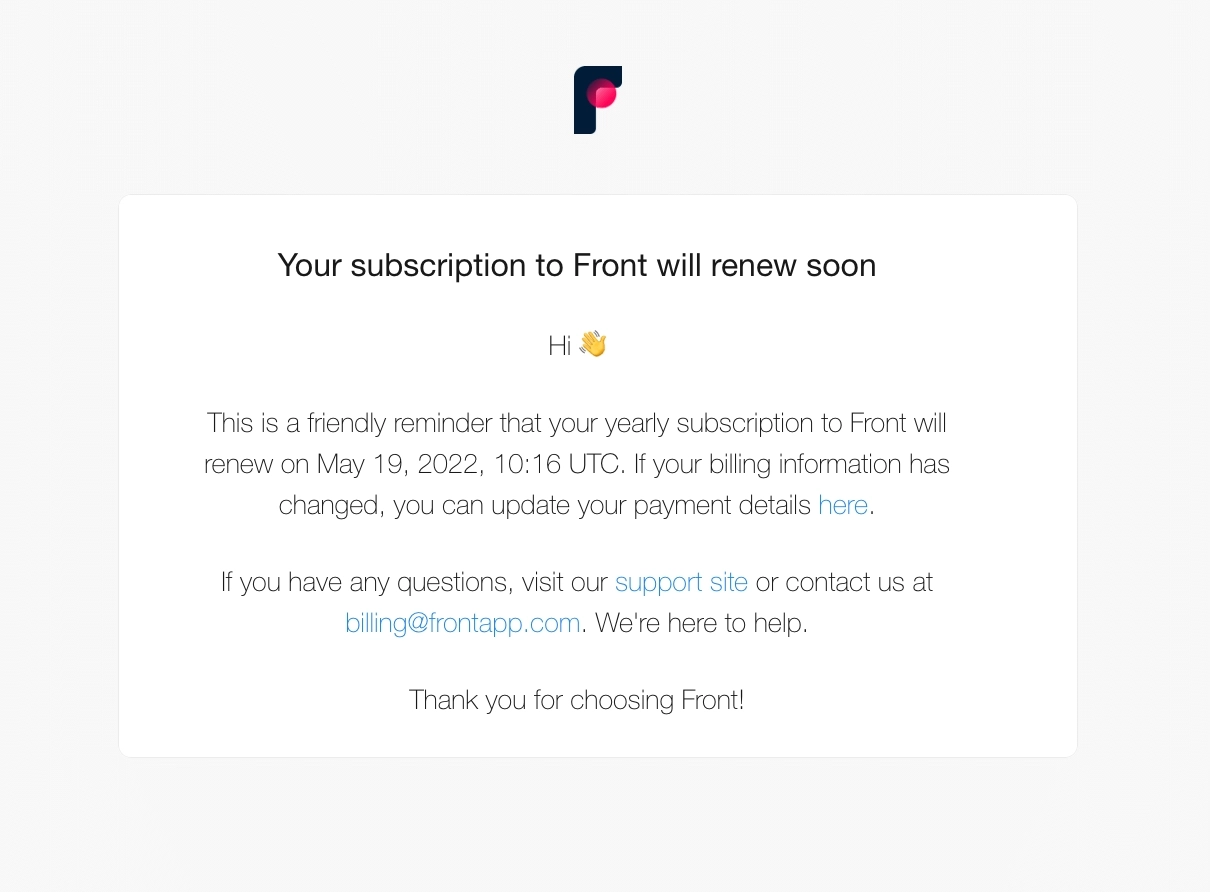 SaaS Renewal Email Examples: Front's renewal email