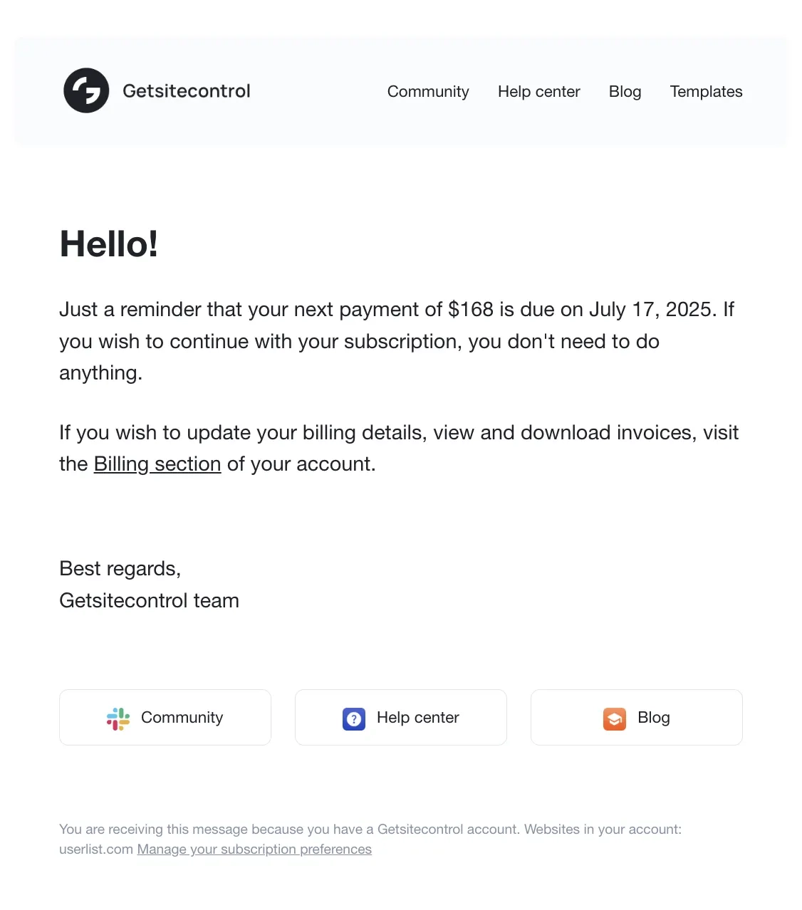 SaaS Renewal Email Examples: Getsitecontrol’s renewal email
