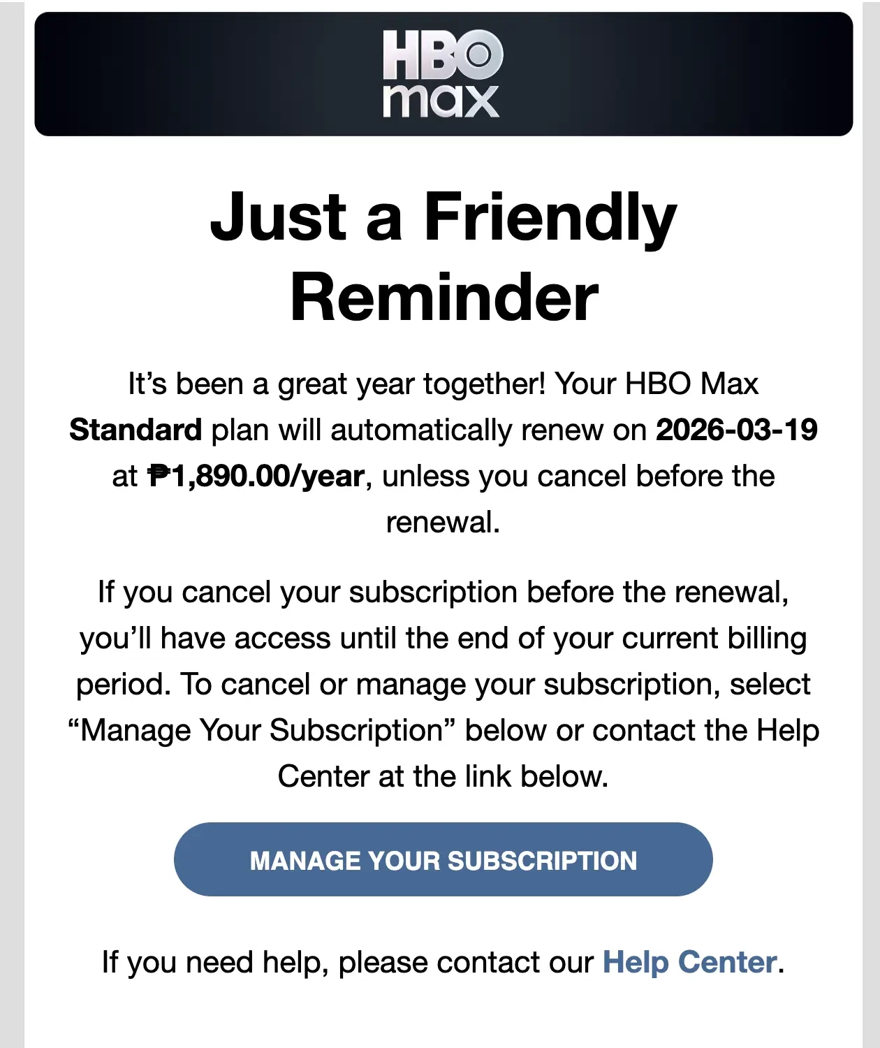SaaS Renewal Email Examples: HBO Max’s renewal email