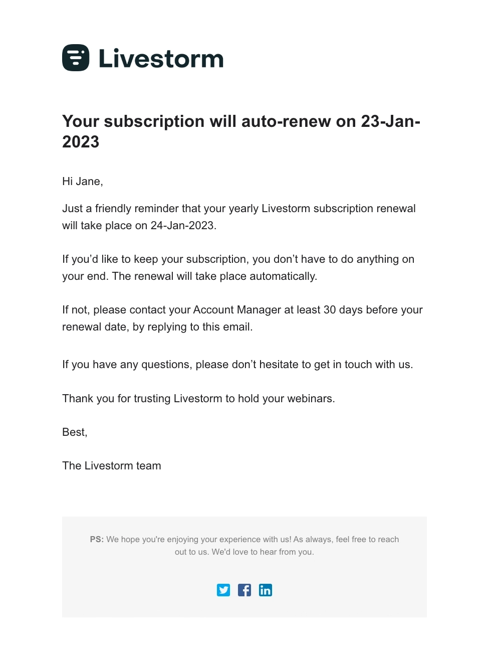SaaS Renewal Email Examples: Livestorm's renewal email