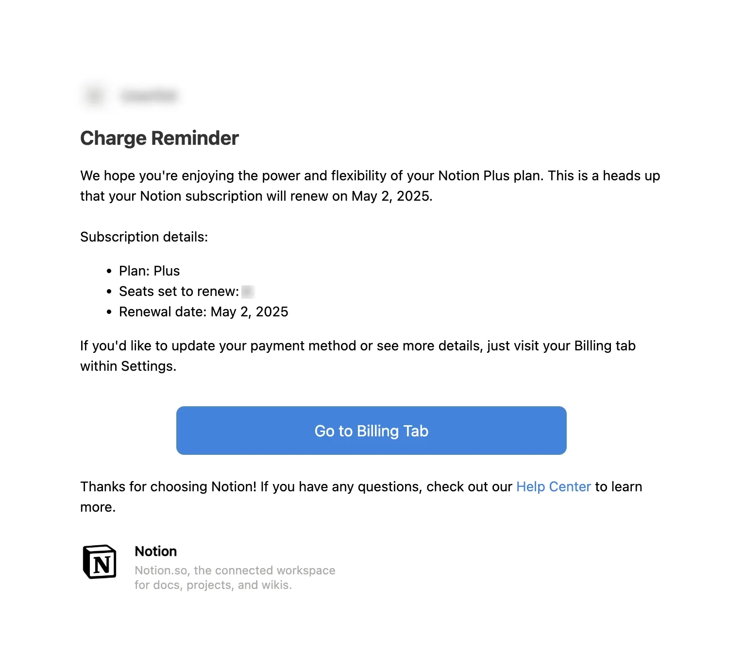 SaaS Renewal Email Examples: Notion’s renewal email
