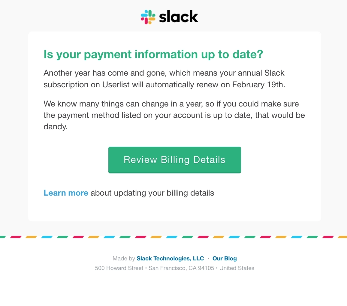 SaaS Renewal Email Examples: Slack's renewal email