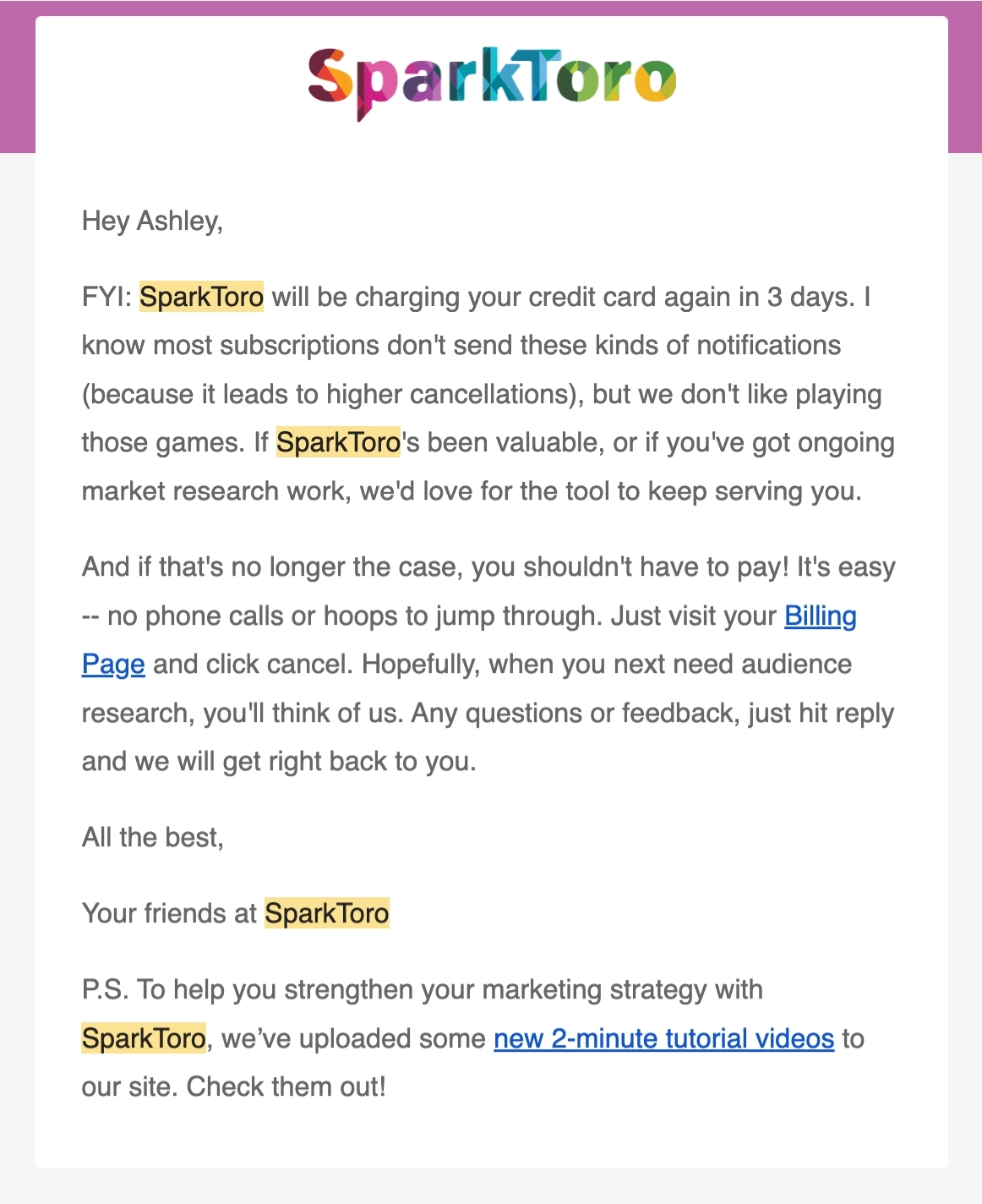 SaaS Renewal Email Examples: SparkToro's renewal email