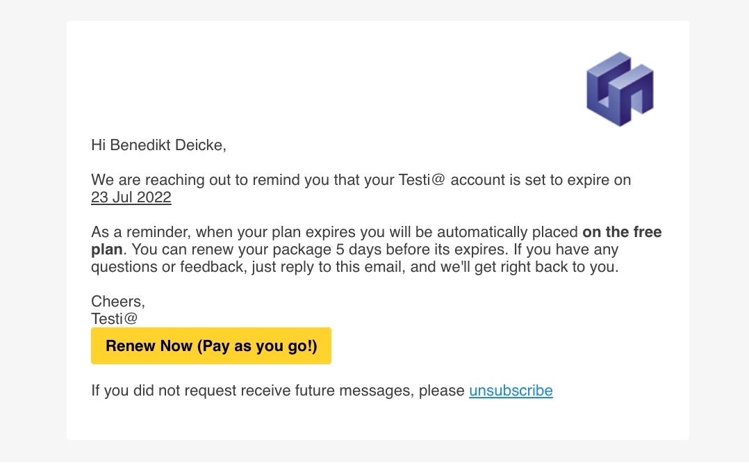SaaS Renewal Email Examples: Testi's renewal email