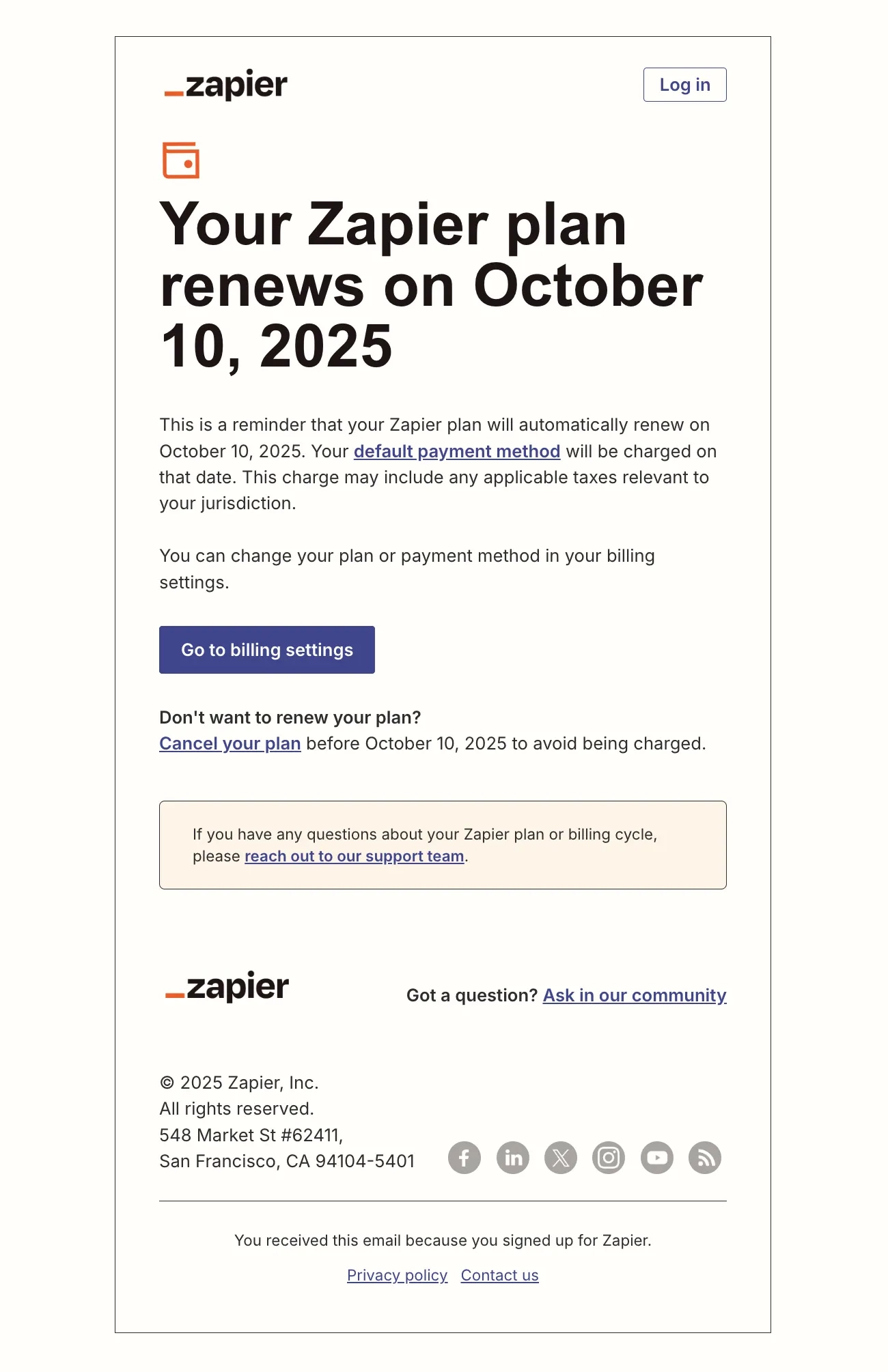 SaaS Renewal Email Examples: Zapier’s renewal email
