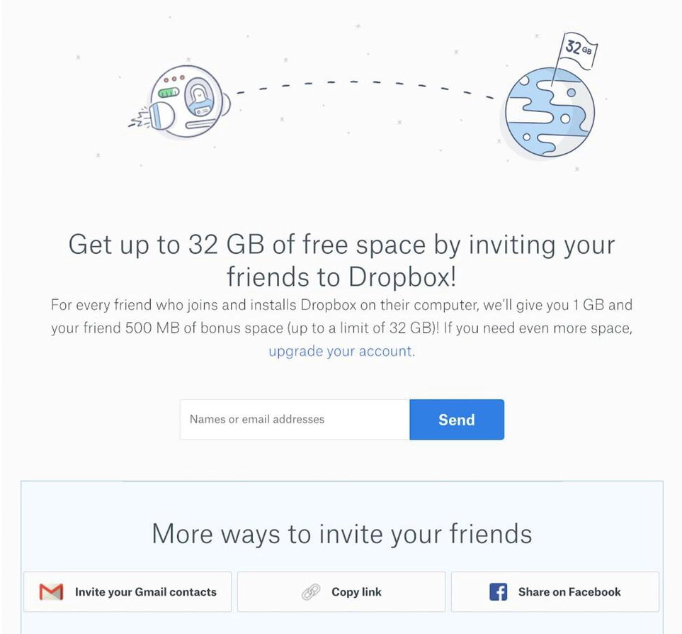 Implementing and Measuring Virality in SaaS: Screenshot of Dropbox’s referral program