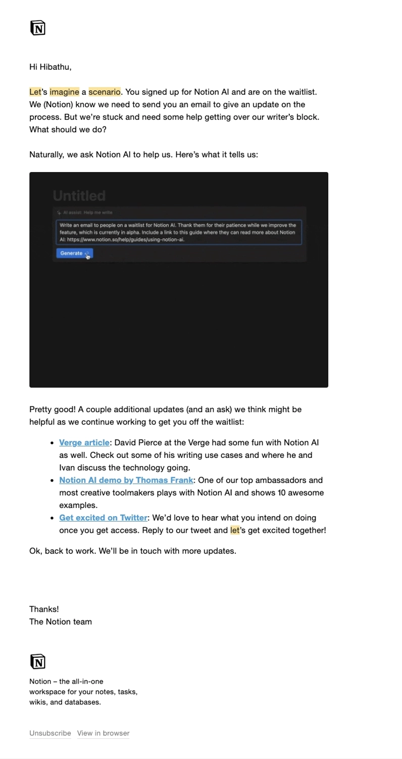 SaaS Waitlist Emails: Screenshot of Notion's email about their waitlist update.