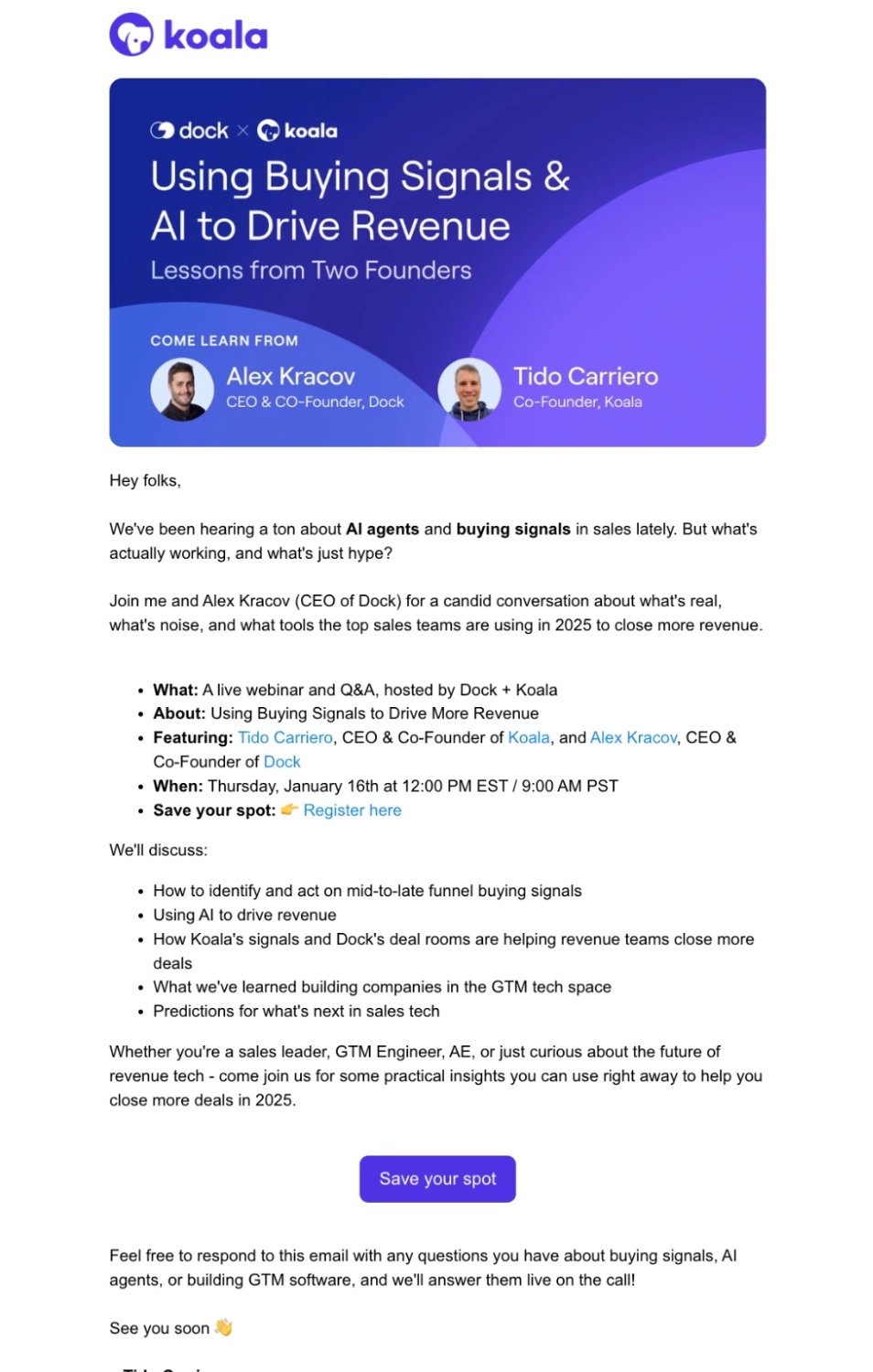 SaaS Webinar Emails: Screenshot of Koala's webinar email