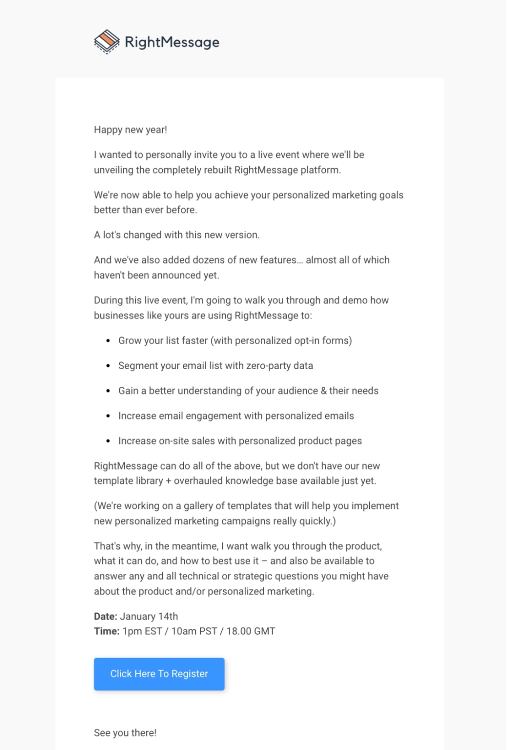 SaaS Webinar Emails: Screenshot of RightMessage's webinar email