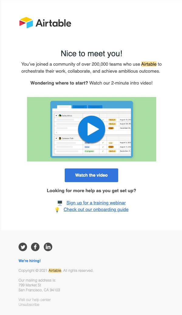 SaaS Welcome Email: Welcome email from Airtable