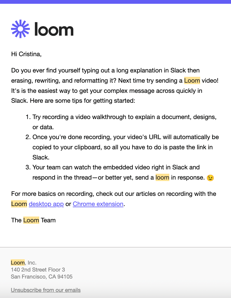 SaaS Welcome Email: Welcome email from Loom