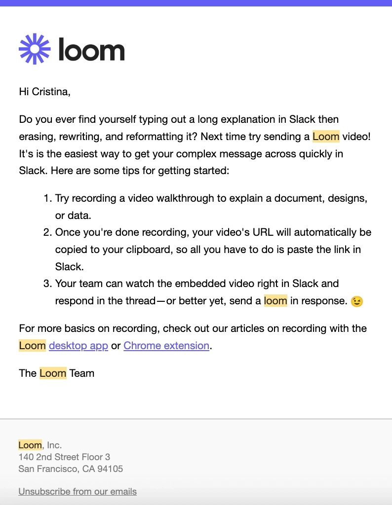 SaaS Welcome Email: Welcome email from Loom