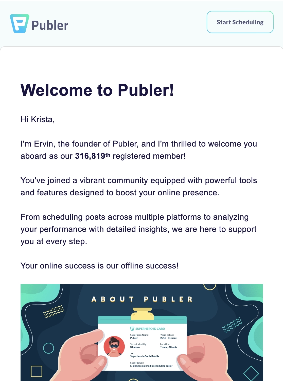 SaaS Welcome Email: Welcome email from Publer