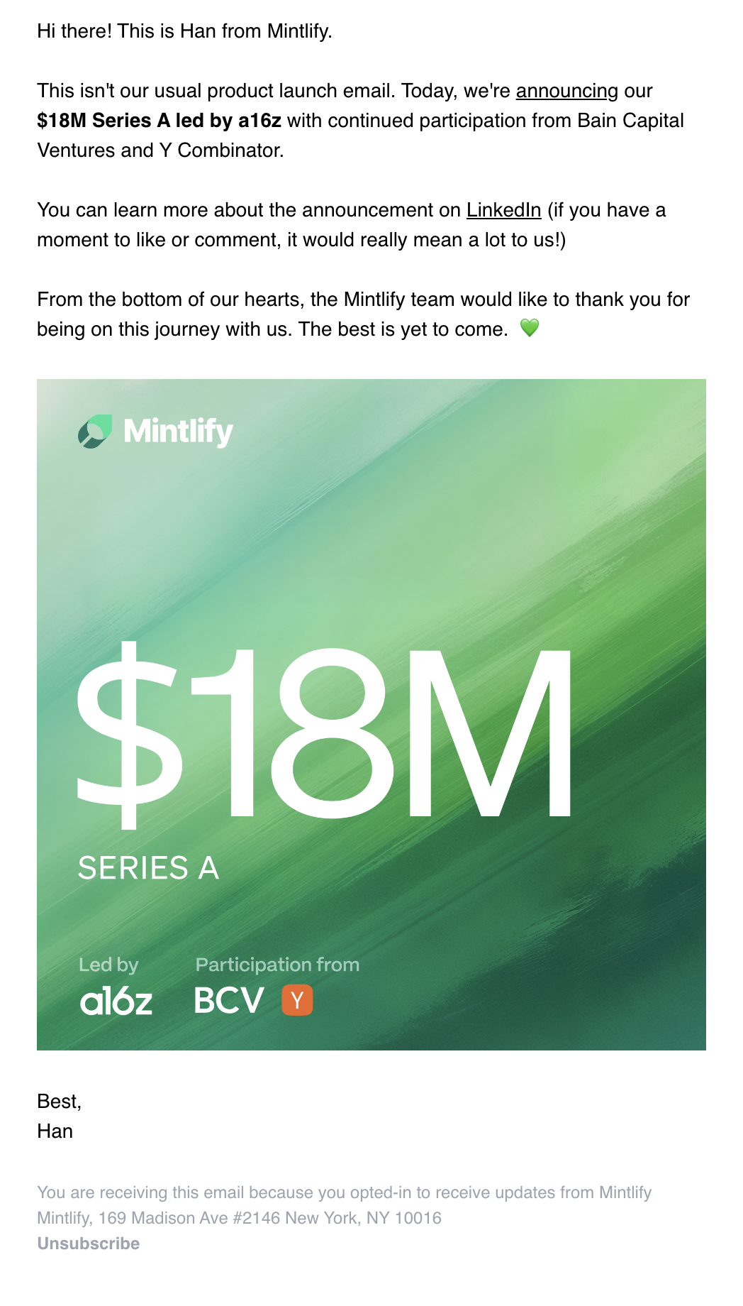 Funding Round Announcement Emails: Screenshot of Mintlify's funding round announcement email